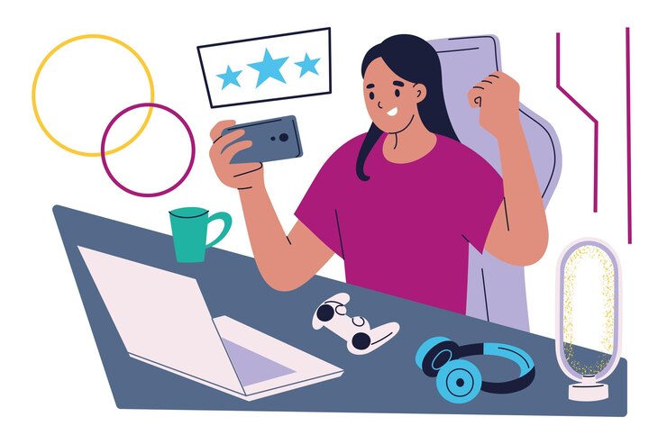 Vector ilustración vectorial de una mujer jugando a un juego en línea en un teléfono inteligente que se transmite en una computadora portátil con auriculares