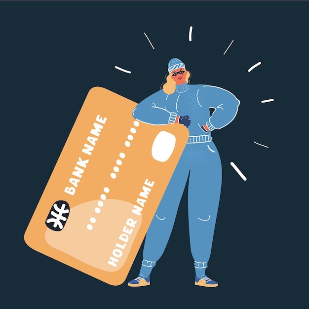 Ilustración vectorial de una mujer ladrona robando una tarjeta de crédito en un fondo oscuro