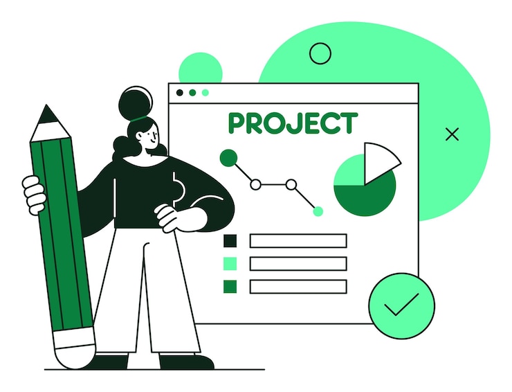 Vector ilustración vectorial de una mujer con un lápiz presentando un plan de proyecto con gráficos en una tabla