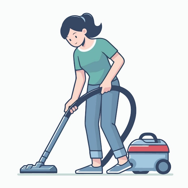 Vector ilustración vectorial de una mujer limpiando la casa