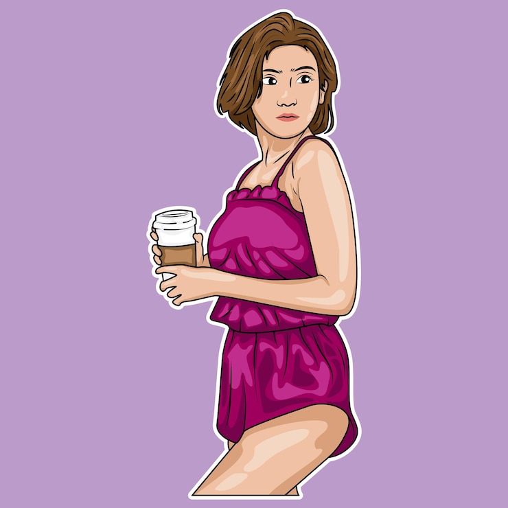 Vector ilustración vectorial de una mujer linda en una camiseta que lleva una taza de café
