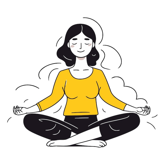 Ilustración vectorial de una mujer meditando en posición de loto sobre un fondo blanco