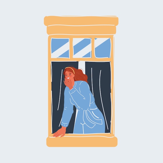 Ilustración vectorial de una mujer mirando por su ventana en fondo blanco