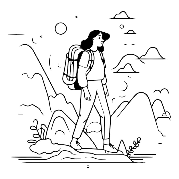 Ilustración vectorial de una mujer con una mochila en el fondo de las montañas