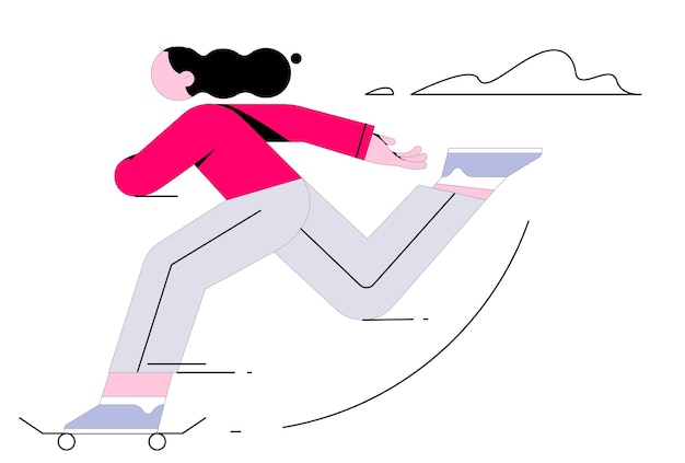 Ilustración vectorial de una mujer montando un patineta en las escaleras