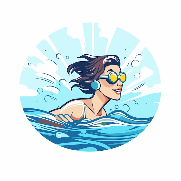 Vector ilustración vectorial de una mujer nadando en el mar con gafas de protección y gorra