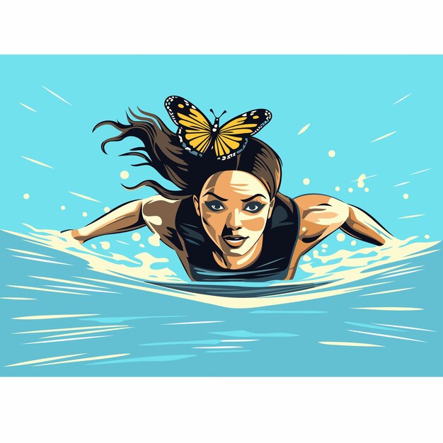 Vector ilustración vectorial de una mujer nadando en el mar con una mariposa