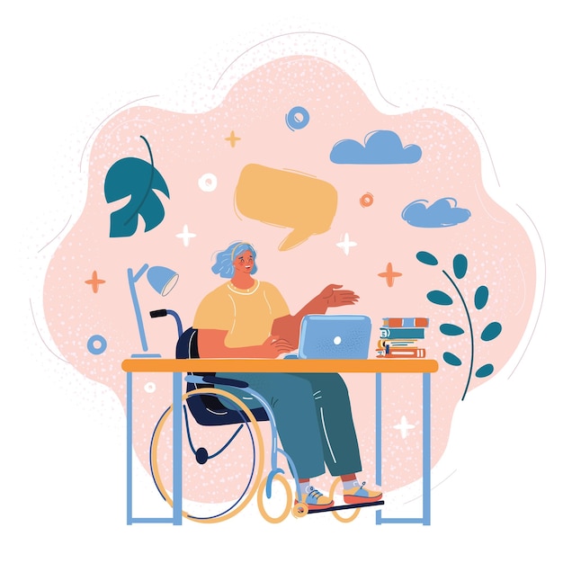 Ilustración vectorial de una mujer de negocios exitosa una persona discapacitada sentada en silla de ruedas trabajando en la oficina