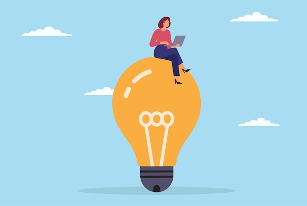 Ilustración vectorial de una mujer de negocios sentada en una enorme bombilla mientras usa una computadora portátil que simboliza la innovación, la creatividad digital y las soluciones inteligentes en un mundo empresarial moderno