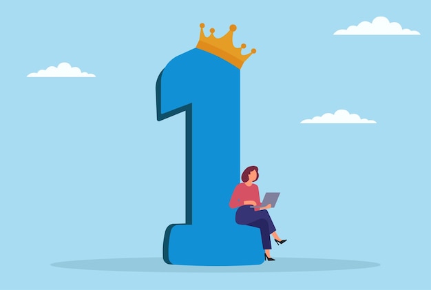 Ilustración vectorial de una mujer de negocios usando una computadora portátil mientras está sentada bajo un premio de primer lugar y una corona que simboliza el enfoque, el éxito, el liderazgo y el logro en un entorno profesional