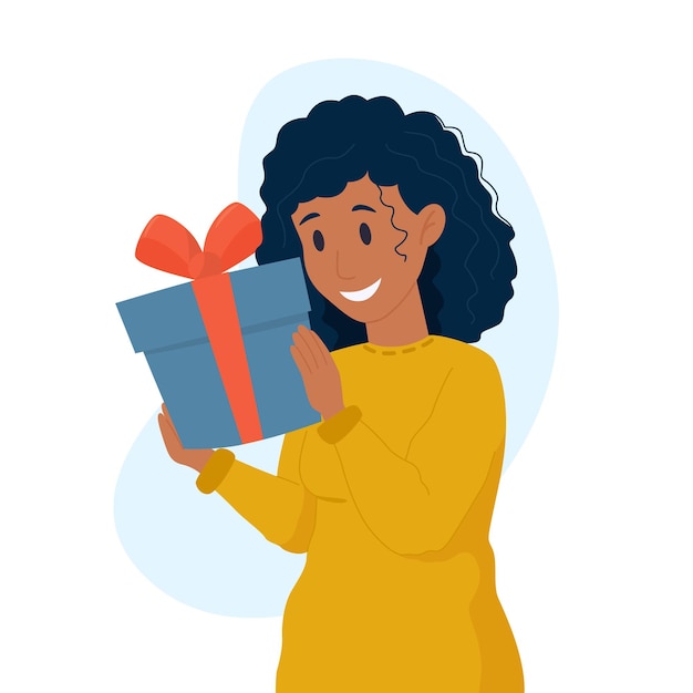 Ilustración vectorial mujer negra sosteniendo un regalo de navidad y año nuevo