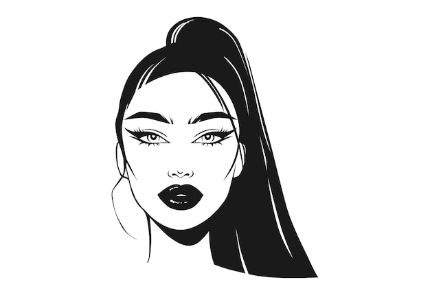 Vector ilustración vectorial de mujer niña hermosa con cabello largo y negro y labios regordetes retrato rostro hermoso