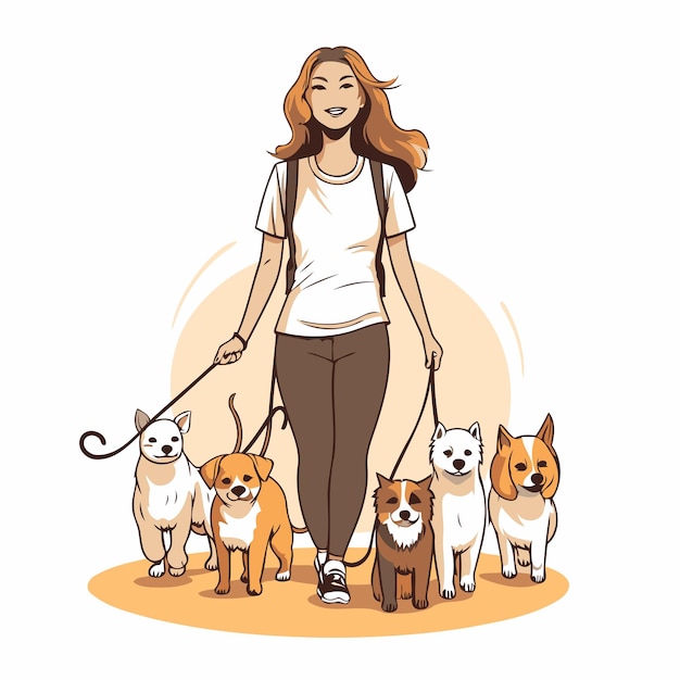 Ilustración vectorial de una mujer paseando a sus perros