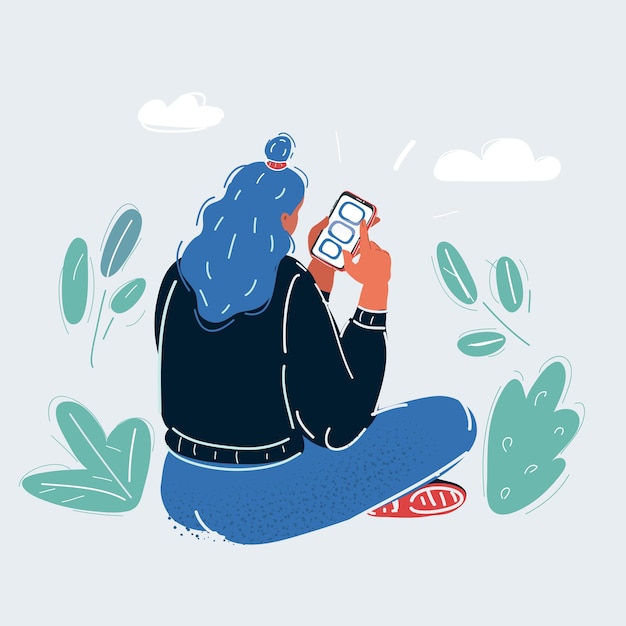 Ilustración vectorial de una mujer perforando un teléfono inteligente Vista trasera