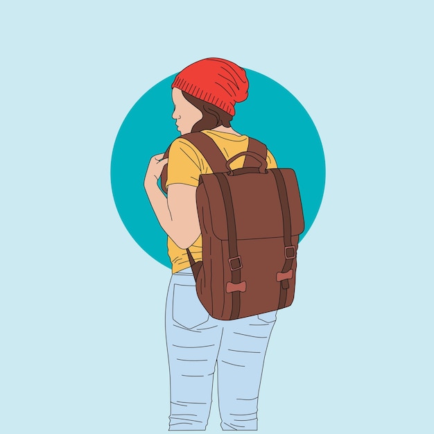 Ilustración vectorial de una mujer de pie con una mochila