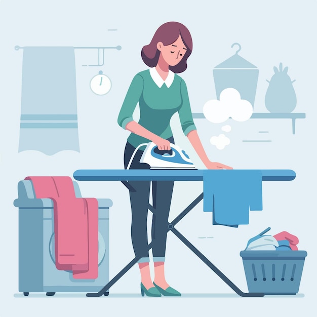 Vector ilustración vectorial de una mujer planchando ropa con un estilo de diseño plano simple y minimalista