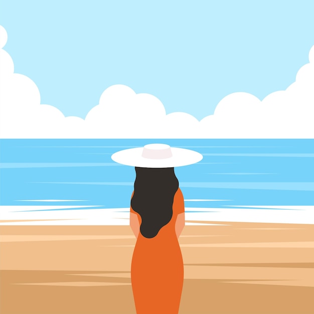 Ilustración vectorial de una mujer en la playa aislada sobre fondo blanco