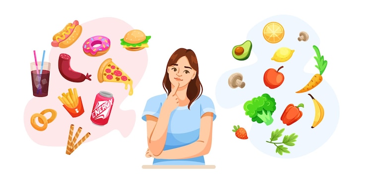 Vector ilustración vectorial de una mujer que elige entre opciones de alimentos saludables y dañinos