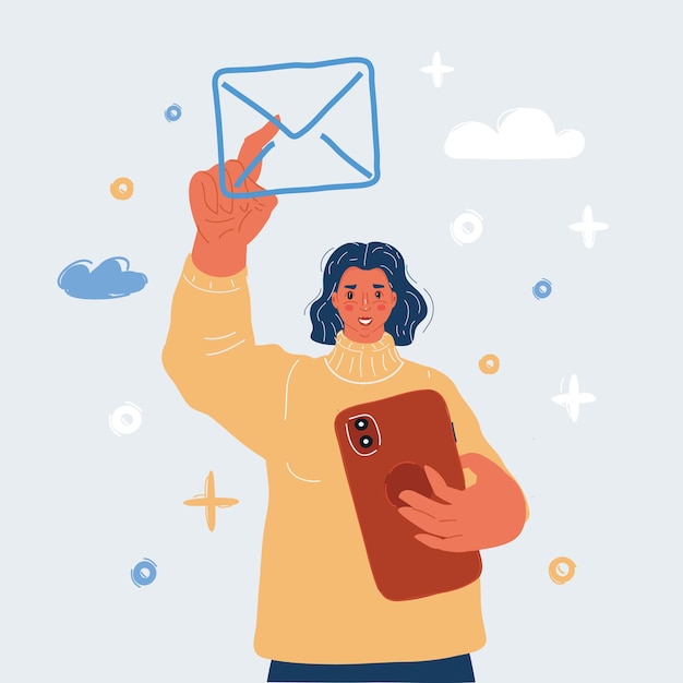 Ilustración vectorial de una mujer que envía o recibe un nuevo mensaje de correo electrónico notificación de correo Proceso de trabajo lectura de la carta