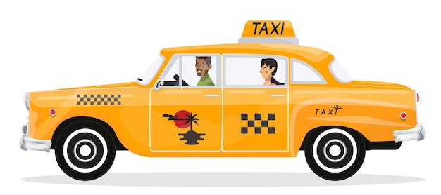 Ilustración vectorial de una mujer que va a ir en un taxi retro de vacaciones Taxista negro y una mujer en un taxi en un fondo blanco aislado