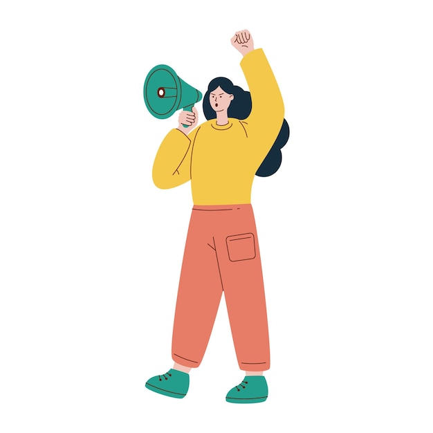 Ilustración vectorial con mujer que protesta chica con altavoz protesta mujer gritando en un megáfono