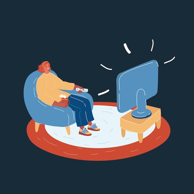 Ilustración vectorial de una mujer que se queda en casa sentada en el sofá viendo series de televisión.