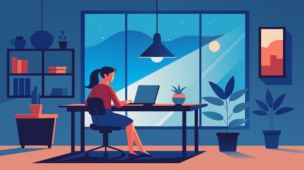 Ilustración vectorial de una mujer que trabaja hasta tarde en la noche en una oficina en el hogar