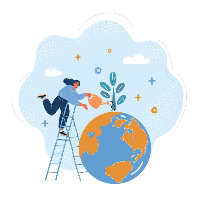 Ilustración vectorial de una mujer regando una planta que crece en la tierra Concepto de crecimiento