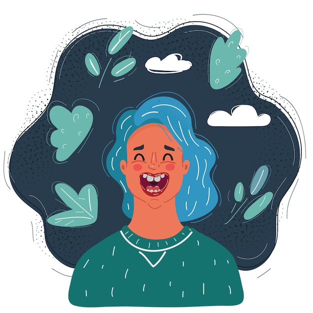 Vector ilustración vectorial de una mujer riendo con los ojos cerrados en un fondo oscuro