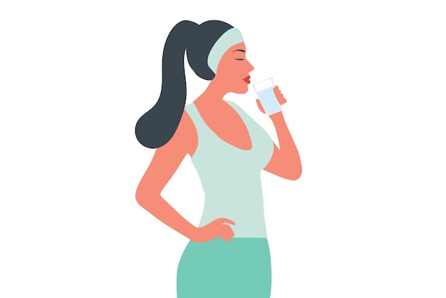 Vector ilustración vectorial de una mujer sana bebiendo agua de una botella de plástico concepto de estilo de vida saludable