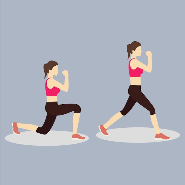 Ilustración vectorial de una mujer sana haciendo ejercicios de piernas inversas en 2 pasos para refuerzar los glúteos y