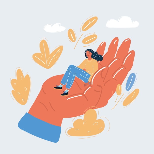 Ilustración vectorial de una mujer sentada en una gran mano humana gigante de apoyo y control sobreprotector