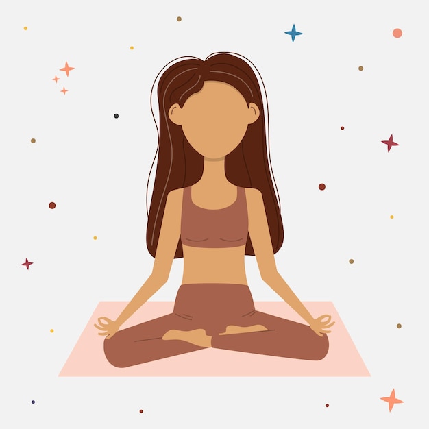 Vector ilustración vectorial de una mujer sentada en una postura de yoga con estrellas a su alrededor