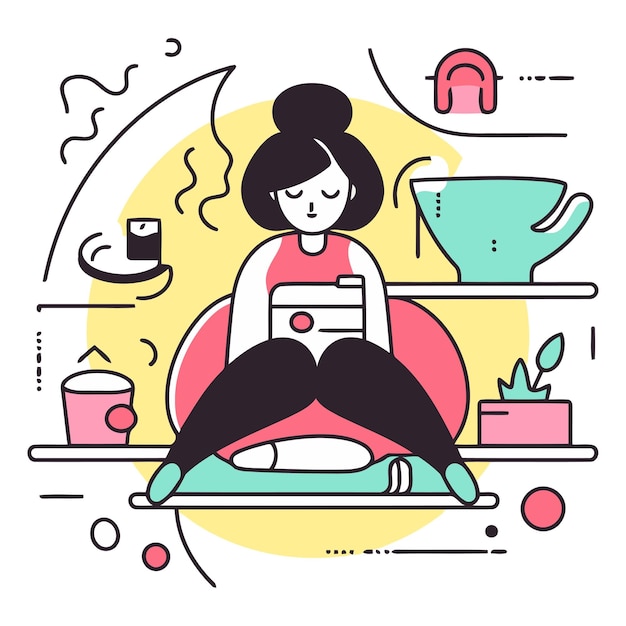 Ilustración vectorial de una mujer sentada en el suelo con una tableta y una taza de café Diseño de arte de línea plana para anuncios de sitios web cartel de pancartas y impresión