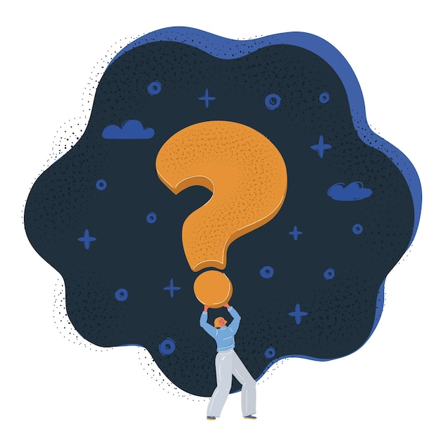 Ilustración vectorial de una mujer con un signo de interrogación en la mano sobre un fondo oscuro