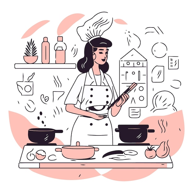 Vector ilustración vectorial de una mujer con sombrero de chef cocinando comida en la cocina estilo lineal