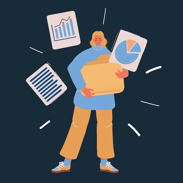 Ilustración vectorial de una mujer sosteniendo una carpeta grande con archivos en fondo oscuro