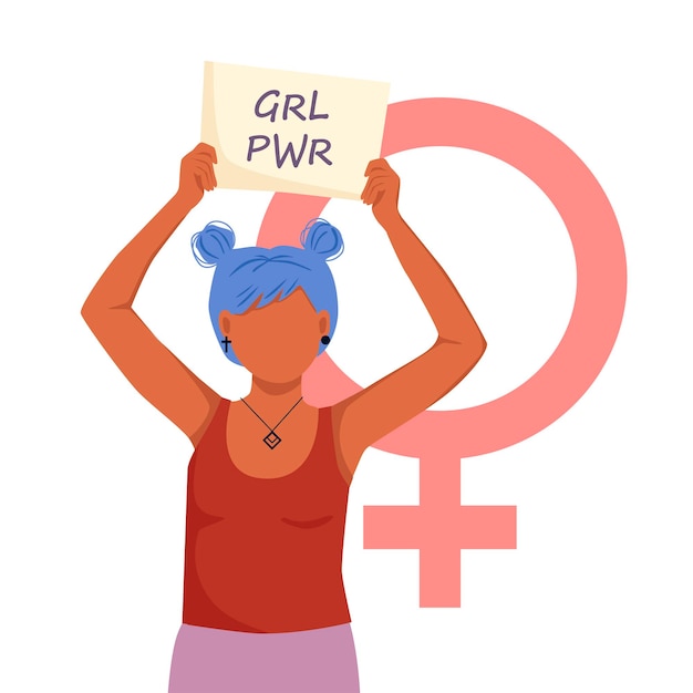 Ilustración vectorial de mujer sosteniendo carteles o pancartas en una manifestación de protesta