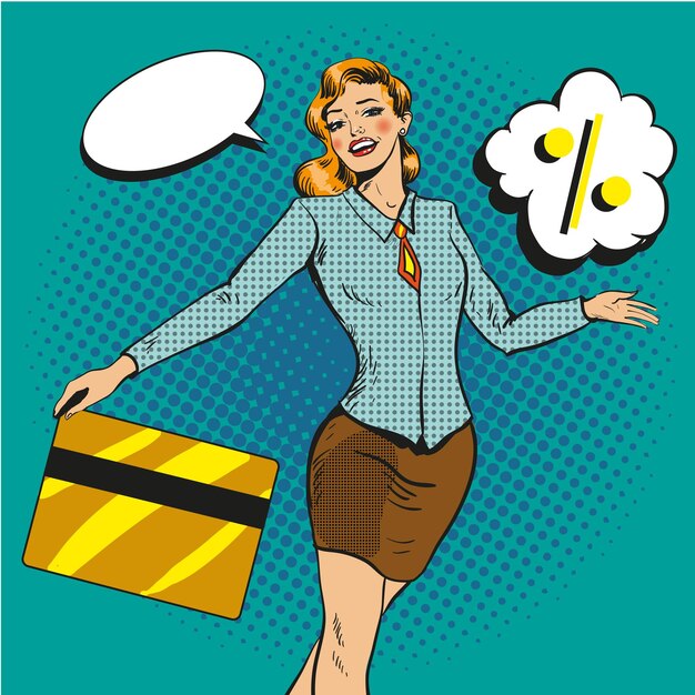 Ilustración vectorial de una mujer sosteniendo una tarjeta de crédito en estilo cómico de arte pop retro Burbuja de habla Comprar con descuentos de tarjetas bancarias elemento de diseño conceptual