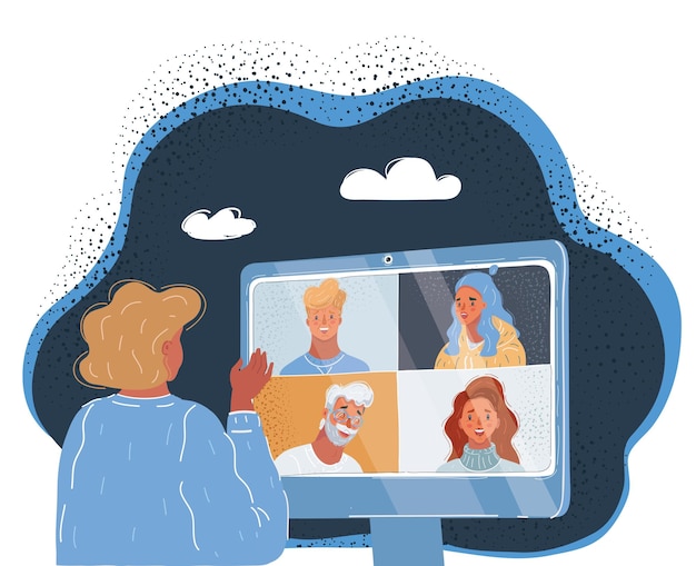 Ilustración vectorial de mujer tiene conferencia en línea en fondo blanco