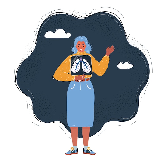 Ilustración vectorial de una mujer con una toma de rayos X de los pulmones