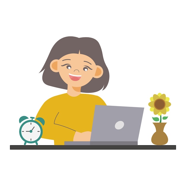 Ilustración vectorial de una mujer trabajando en una computadora portátil con estilo de diseño plano