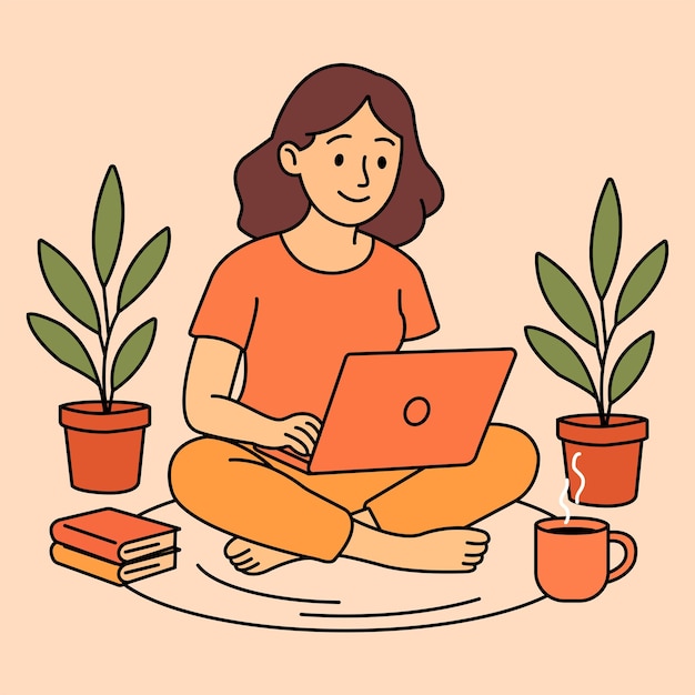 Ilustración vectorial de una mujer trabajando en una computadora portátil con una taza de café en un espacio de trabajo acogedor