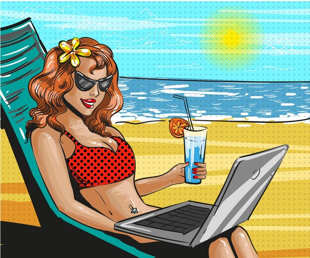 Ilustración vectorial de una mujer en traje de baño y gafas de sol relajándose en la playa Niña hermosa con cóctel usando computadora portátil Cartel de vacaciones de playa en estilo cómico de arte pop retro