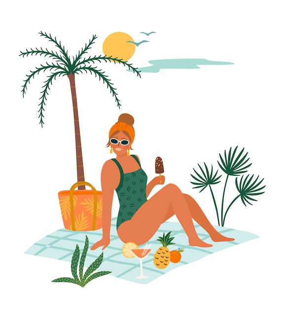 Vector ilustración vectorial de mujer en traje de baño en la playa tropical viajes de vacaciones de vacaciones de verano elemento de diseño