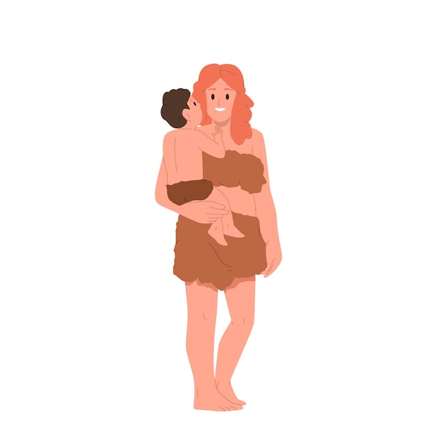 Vector ilustración vectorial de una mujer tribal de la edad de piedra sosteniendo un bebé aislada sobre un fondo blanco personas primitivas personajes de dibujos animados del período paleolítico prehistórico familia neandertal antigua