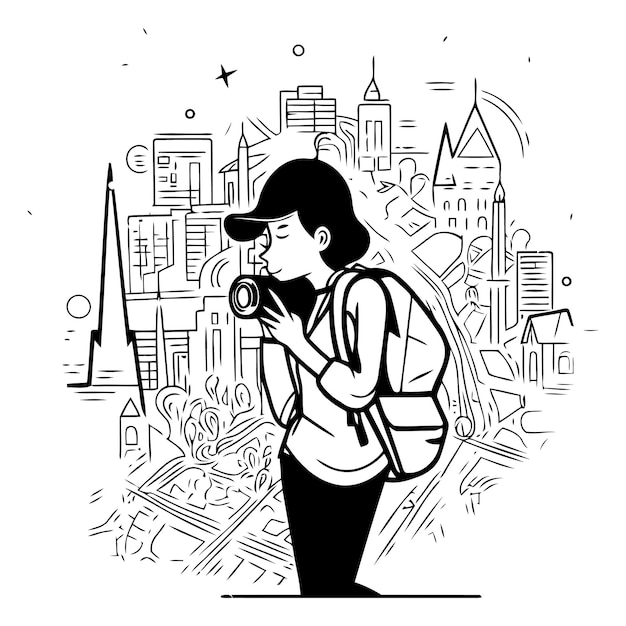 Vector ilustración vectorial de una mujer turista con una cámara en el fondo de la ciudad