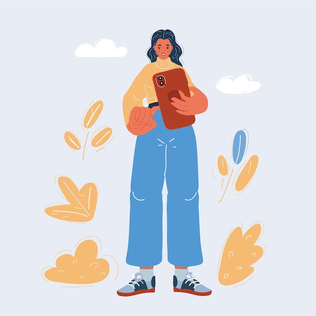 Ilustración vectorial de una mujer usando aparatos un adolescente una joven estudiante usa un teléfono móvil