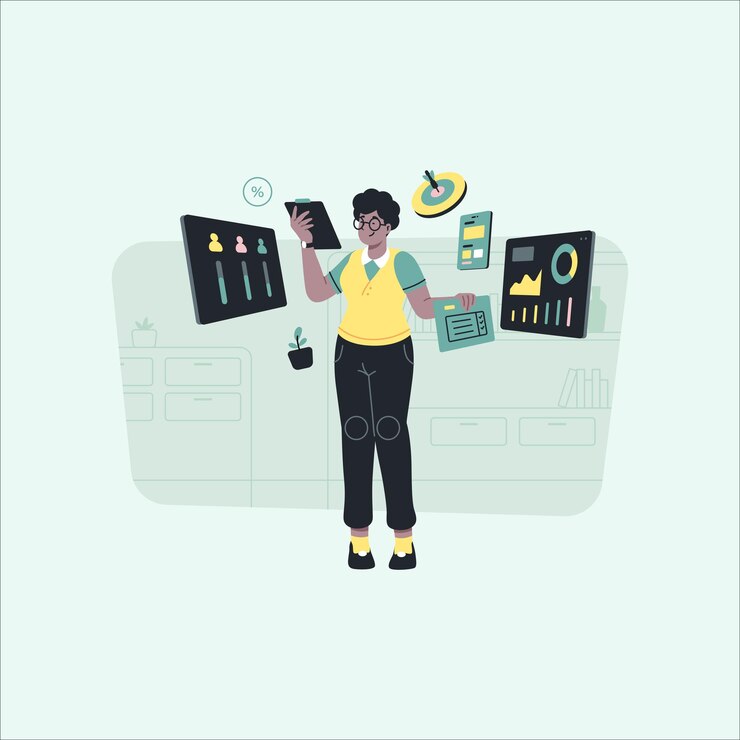 Ilustración vectorial de una mujer usando una computadora tablet Diseño de estilo plano
