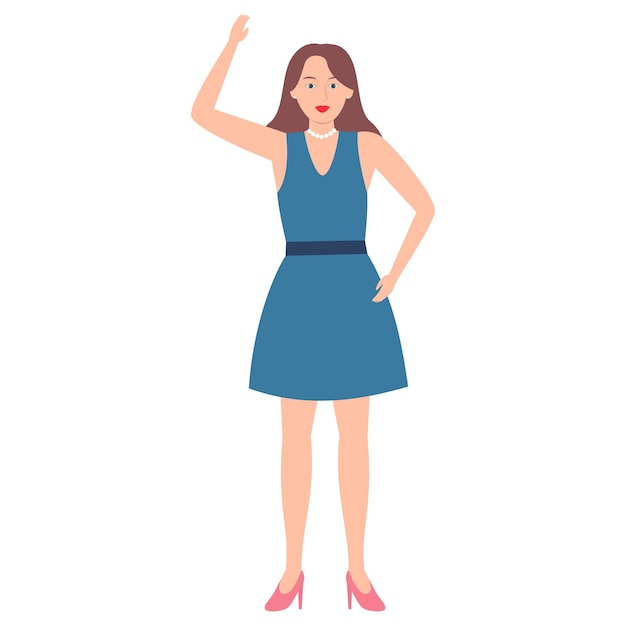 Ilustración vectorial de una mujer con un vestido azul y tacones rosados levantando un brazo sonriendo con confianza